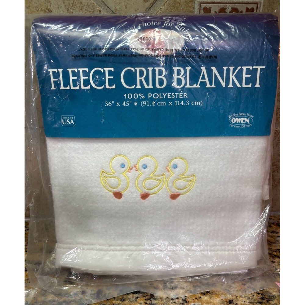 Vintage OWEN Fleece Crib Blanket White Duckies Made in USA Embroidered
